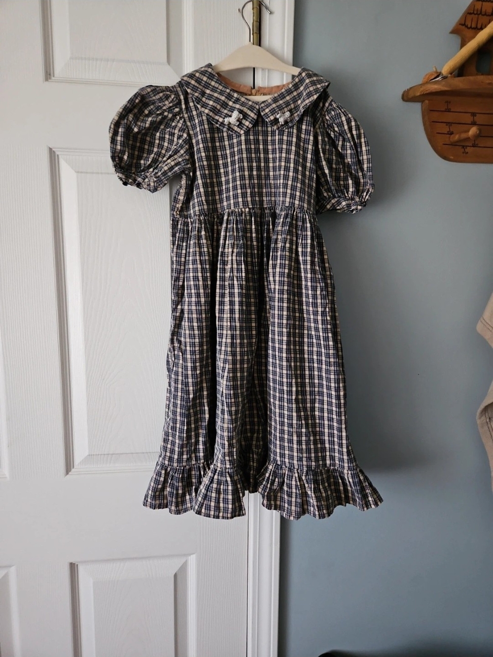 Navy and White Plaid Girls' Puff Sleeve Dress with Peter Pan Collar